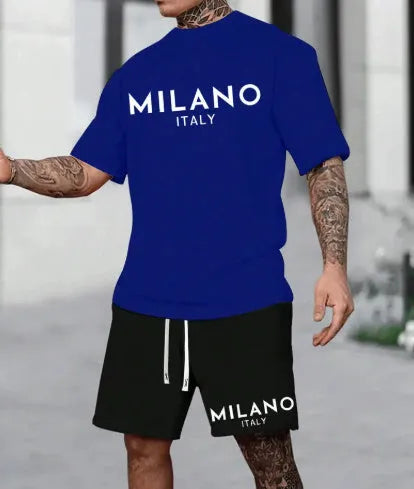Men's polyester short sleeve suit set with round neck pullover top and matching shorts in multiple colours