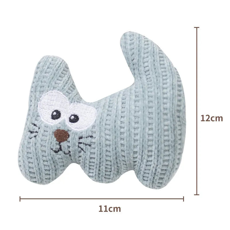 Cyan and light coffee coloured plush catnip chew toy with bell on a neutral background