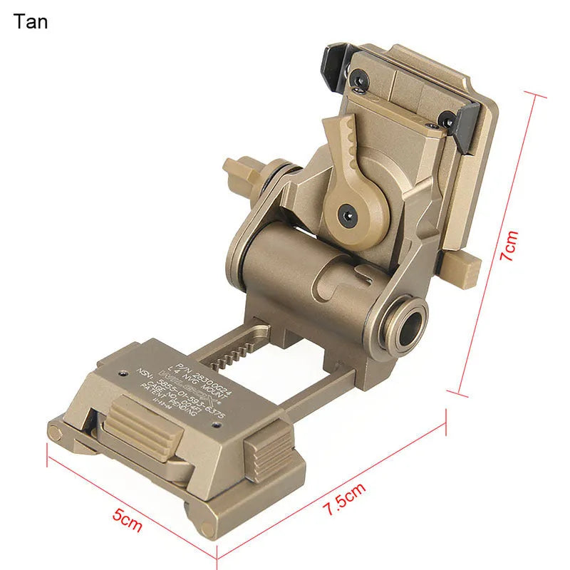 Metal alloy L4 G24 night vision helmet mount with breakaway base in dark earth sand colour