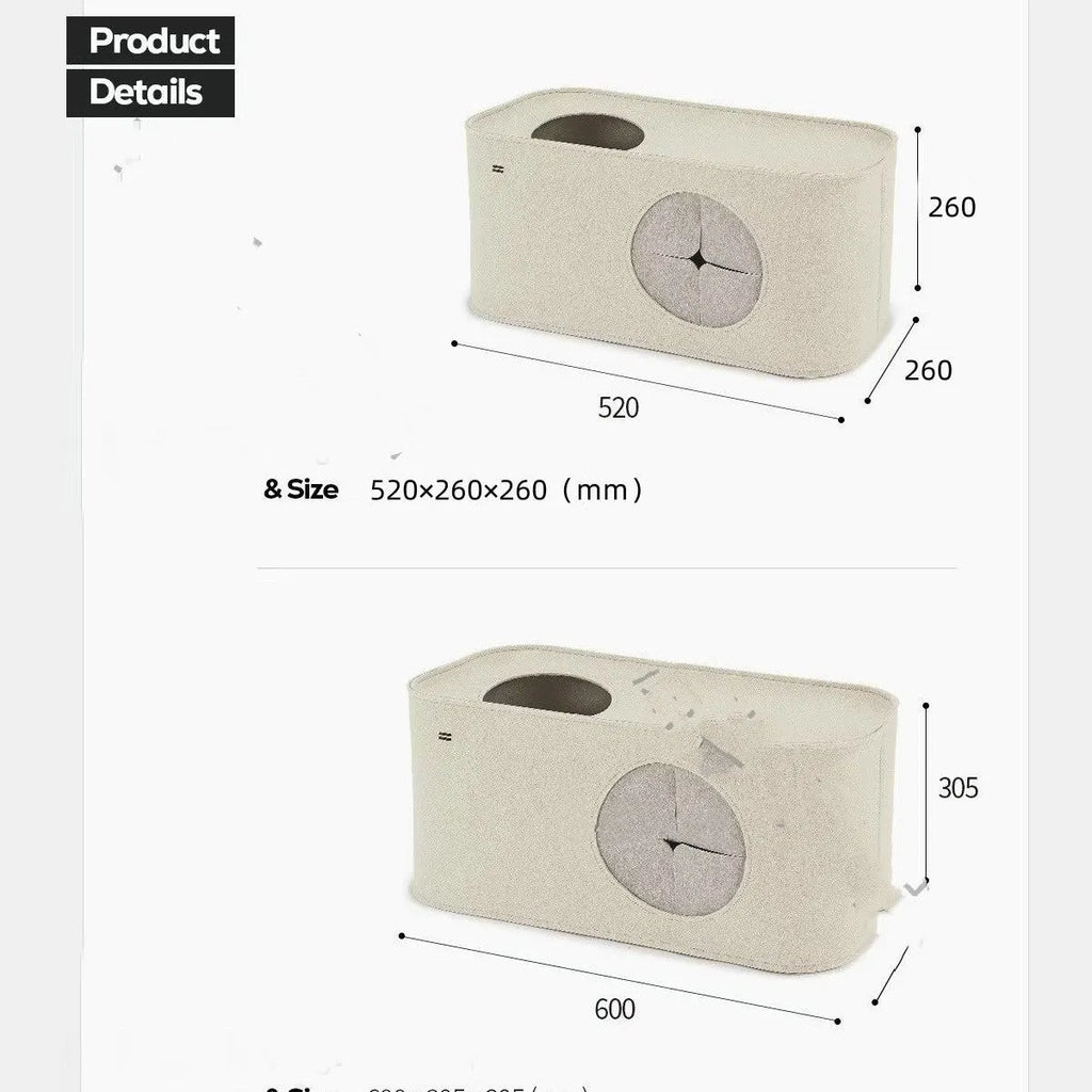 Grey foldable felt cat nest pet bed shown next to khaki version.