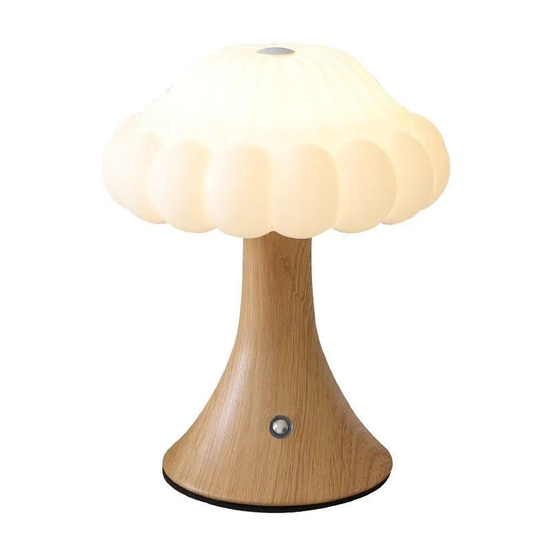Mushroom-shaped touch control night lamp with USB charging in wood grain finish