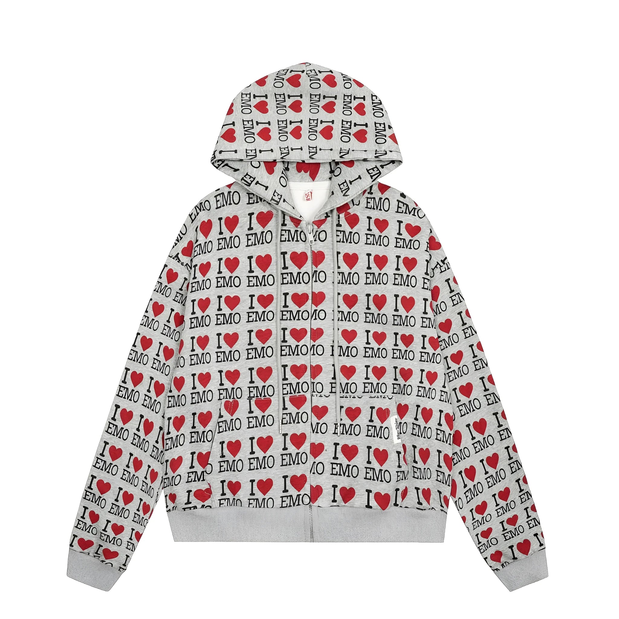 Women's mixed grey hooded cardigan sweater with an autumn retro pattern and long sleeves.