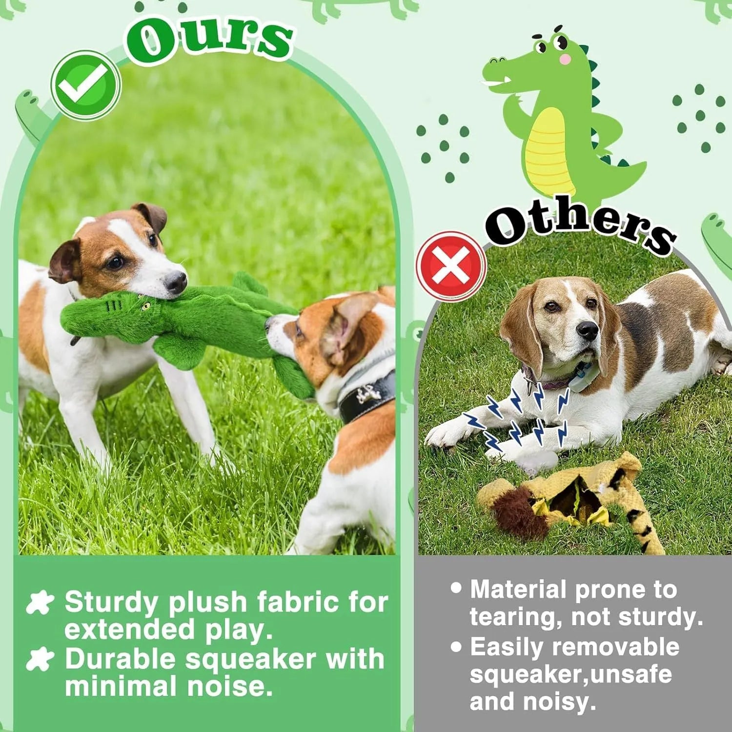 Dark green plush crocodile dog toy with squeaker for aggressive chewers measuring 20cm long