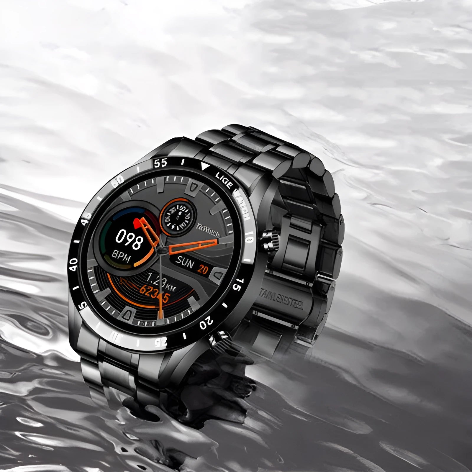 Smart watch with stainless steel band showing 1.3-inch touchscreen displaying step count