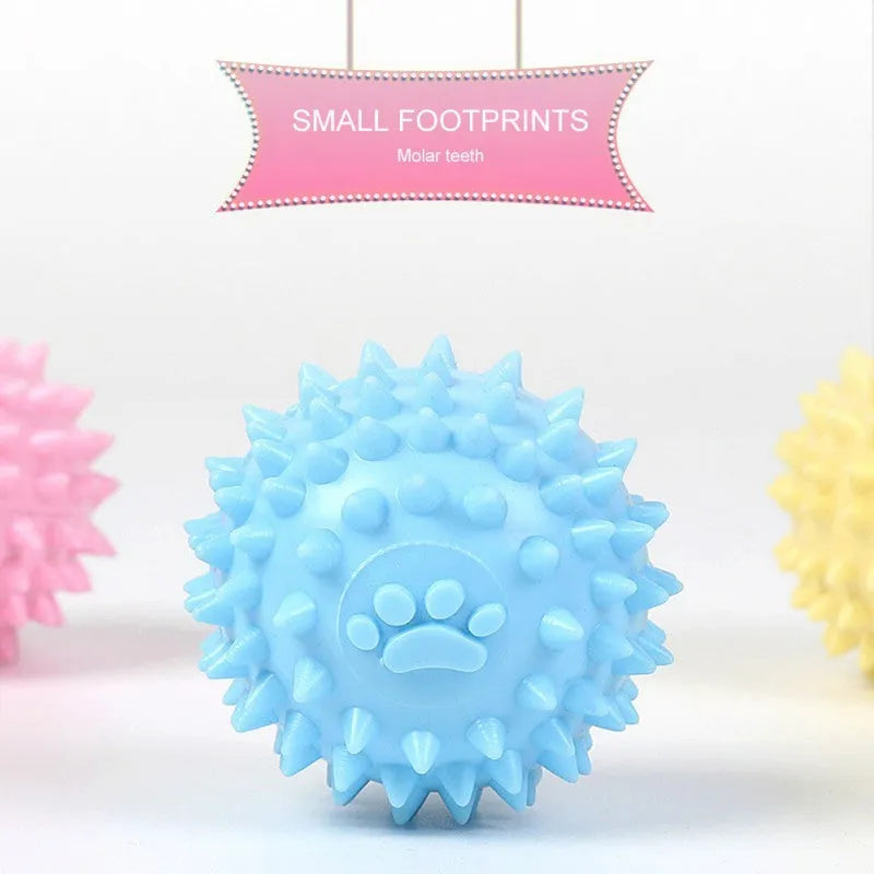 Blue TPR pet chewing ball with footprint texture and tooth-cleaning ridges measuring 6cm diameter