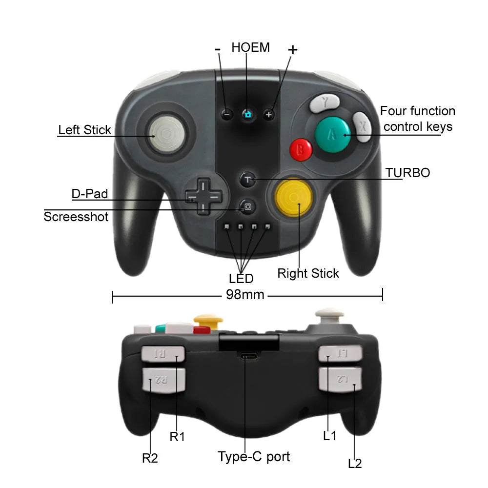 Black wireless gamepad controller with NFC for Nintendo Switch and Windows PC on a colour box.