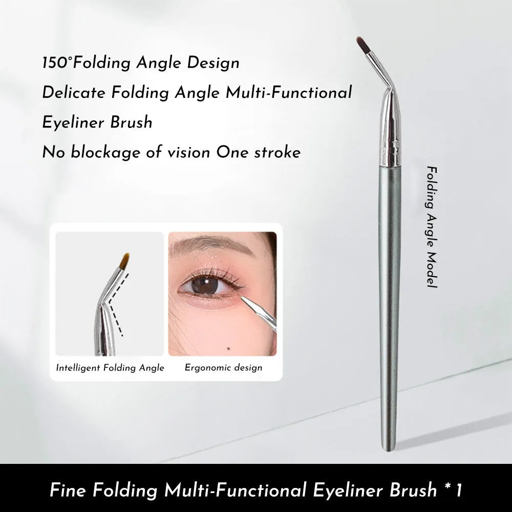 Angled bend head synthetic eyeliner brush for tear trough and under-eye concealer application.