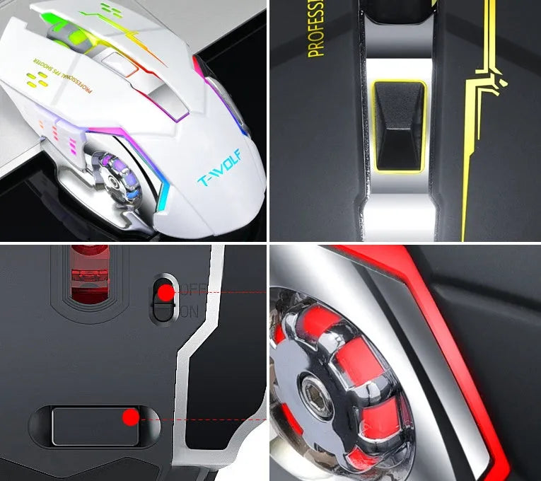Black and white wireless computer mouse with six buttons and scroll wheel