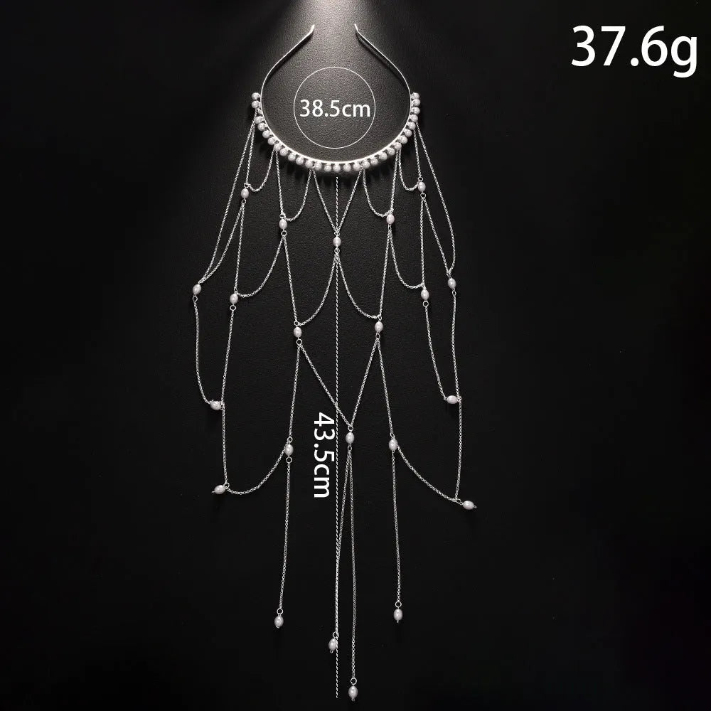 Gold and silver electroplated pearl hair chain with dangling tassels for women's hairstyles