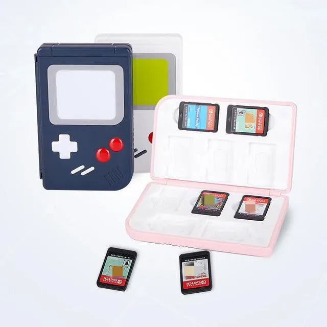Blue Nintendo Switch game card storage box for SWITCH OLED LITE next to game cartridges.