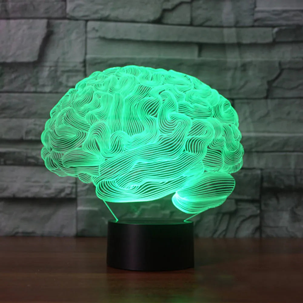 3D brain design acrylic illusion lamp with LED lights on a black ABS base, showing colourful light projection.