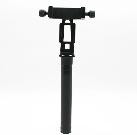 Black retractable selfie stick with stabilizer grip extended to full length with phone attached
