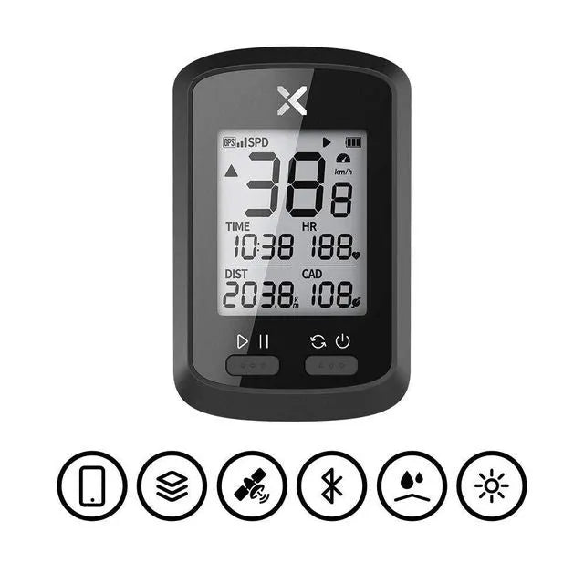 Black waterproof plastic sports stopwatch with a wrist strap for cycling and running.