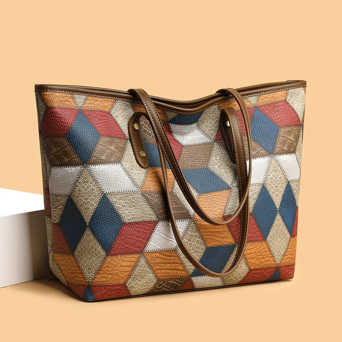 Women's blue brown PVC shoulder handbag with outer sandwich pocket for business and travel