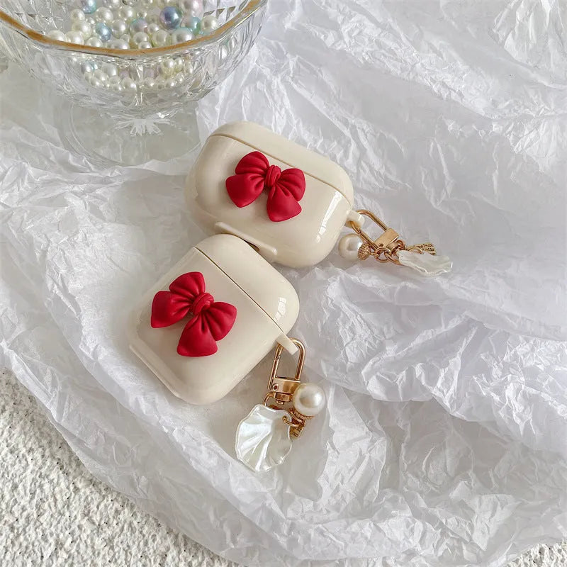 Beige red bow shell TPU clamshell case for AirPods Pro and other models
