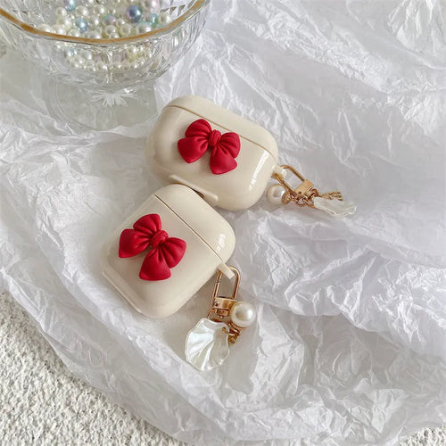 Beige red bow shell TPU clamshell case for AirPods Pro and other models