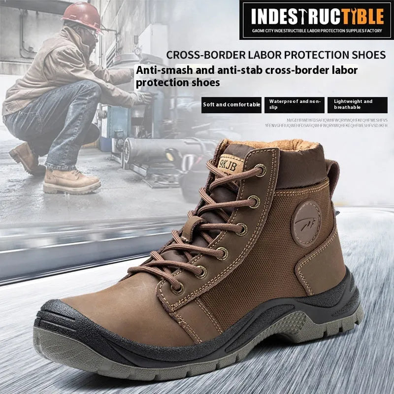 Orange labour protection shoes with leather upper and rubber sole, anti-smashing and puncture-resistant safety footwear