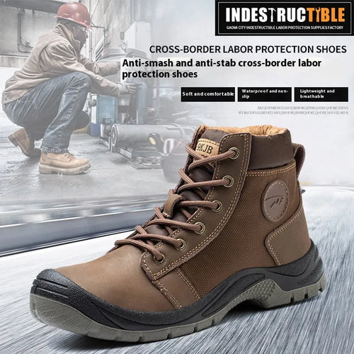 Orange labour protection shoes with leather upper and rubber sole, anti-smashing and puncture-resistant safety footwear