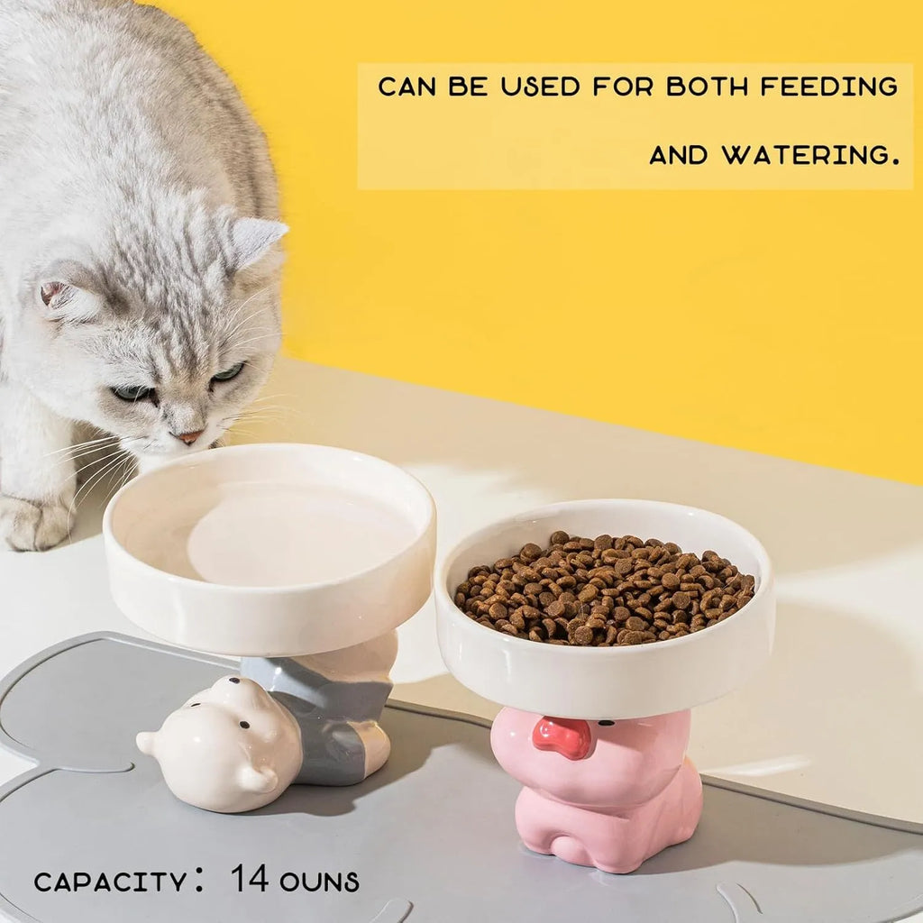 Raised ceramic cat food bowl in animal theme design, showing 12.5cm height and 15cm width.