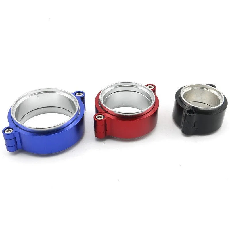 Aluminium fixed movement clamp for car turbine exhaust downspout in black, blue, or red.