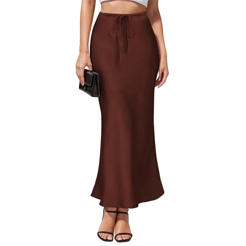 Asymmetric acetate satin skirt with high waist and irregular hemline stitching in six colour options