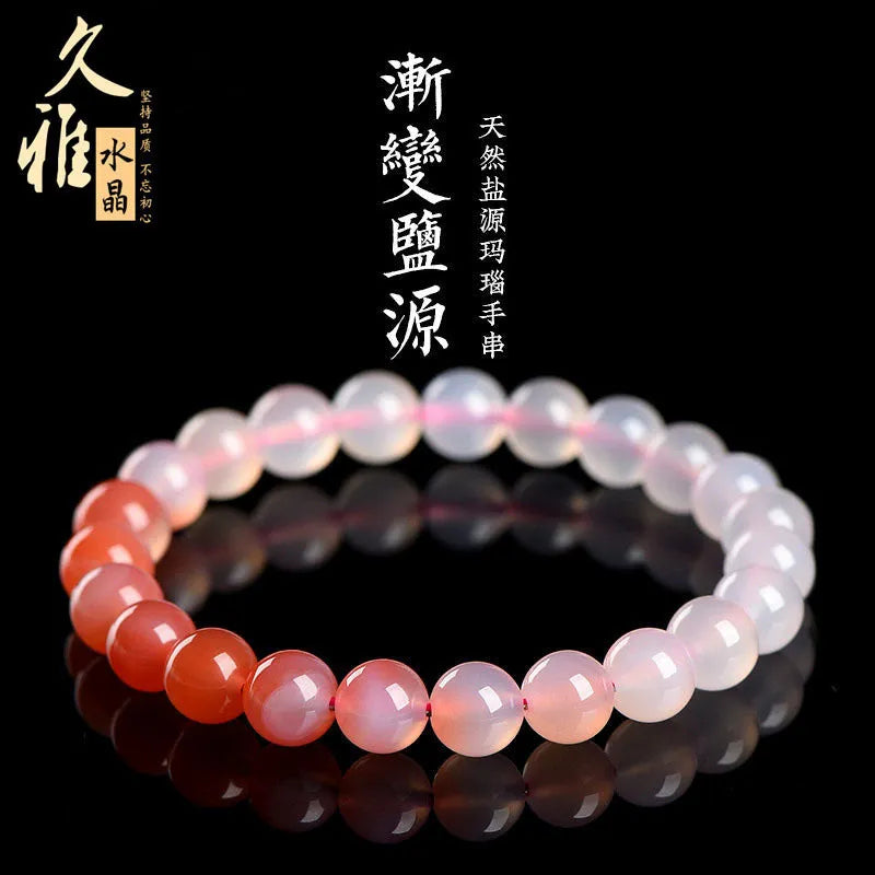 Natural gradient Yanyuan agate bracelet showing colour variation on geometric beads in single circle design