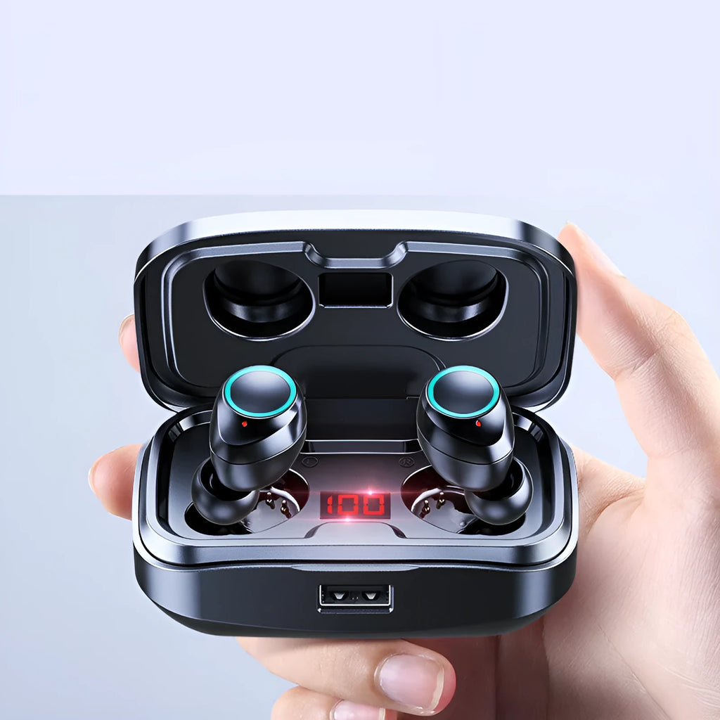 Wireless Bluetooth 5.0 in-ear earphones in black, blue, or red colours with 10-metre range