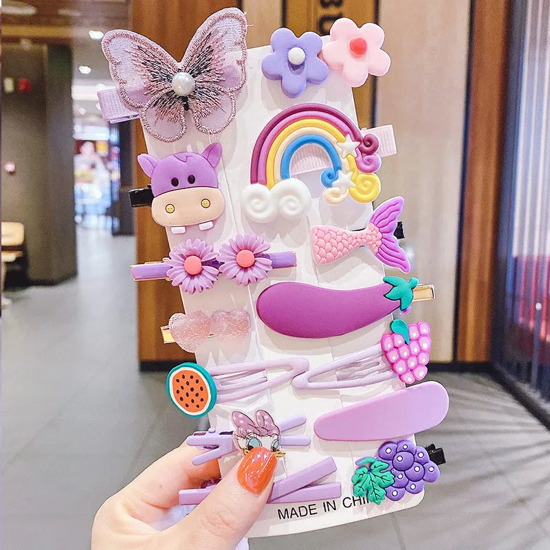 14 piece toddler hair accessories set with rainbow, candy fruit, and butterfly designs in bright colours