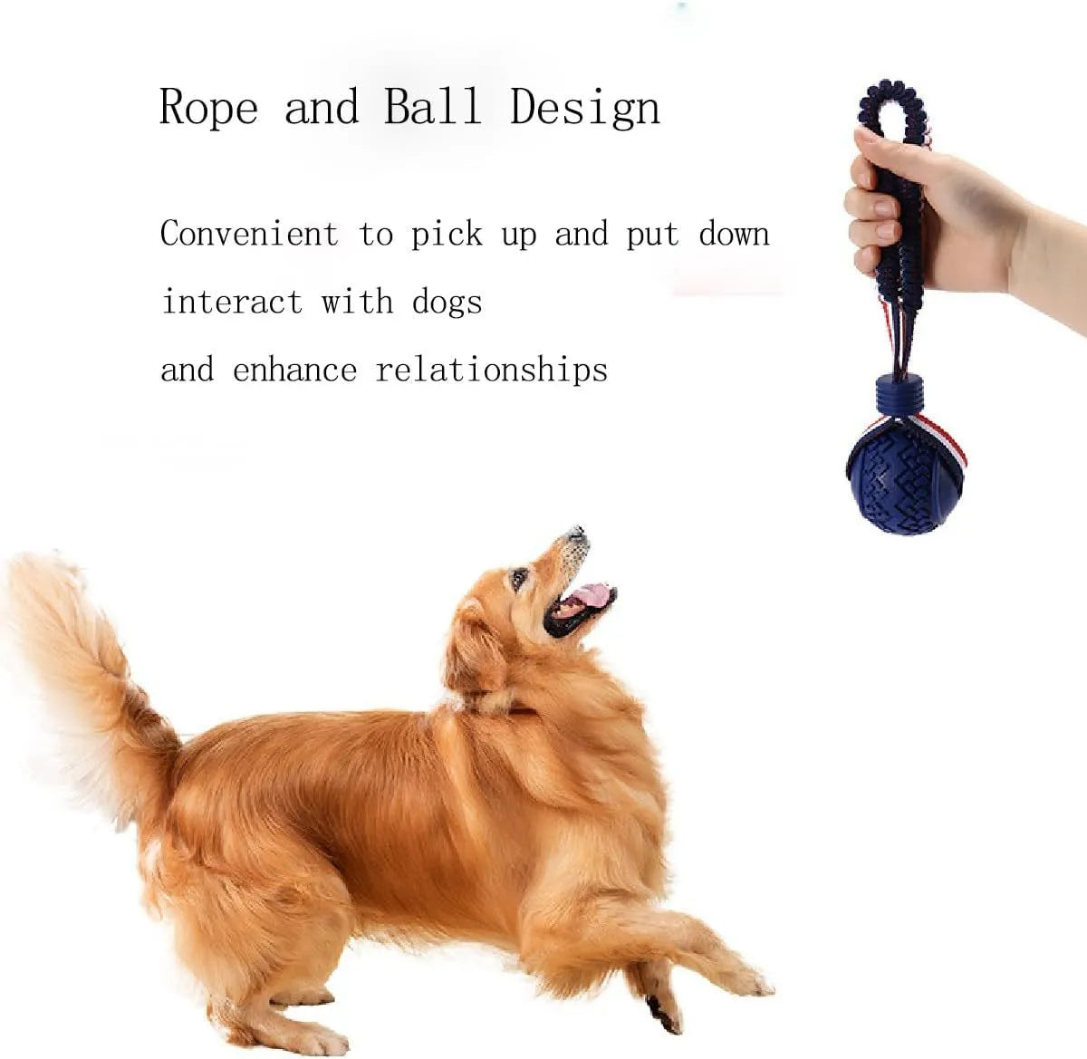 Blue rubber dog ball with attached rope toy measuring 6.5cm diameter