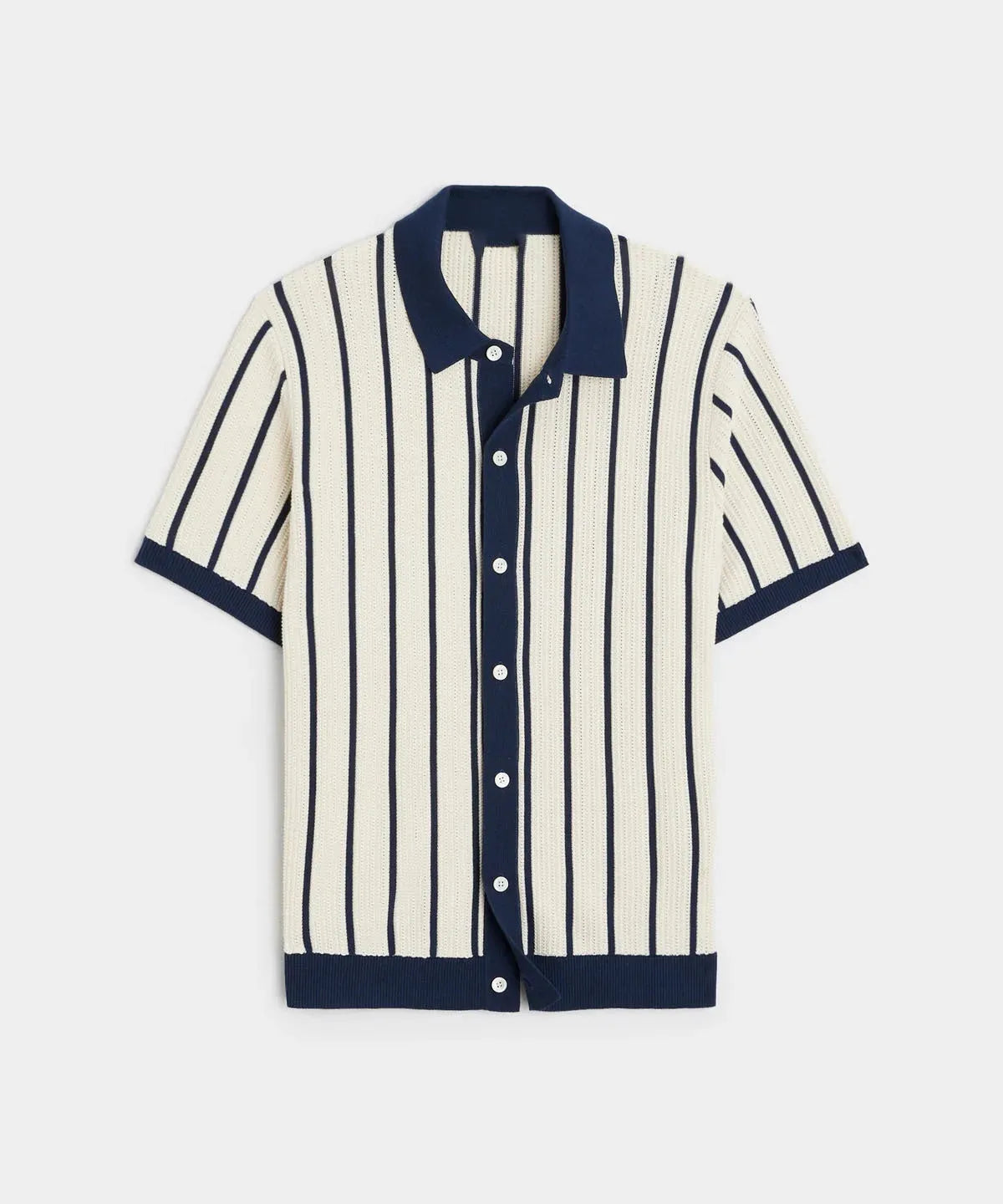Men's white short sleeve knitted top with asymmetrical lapel design