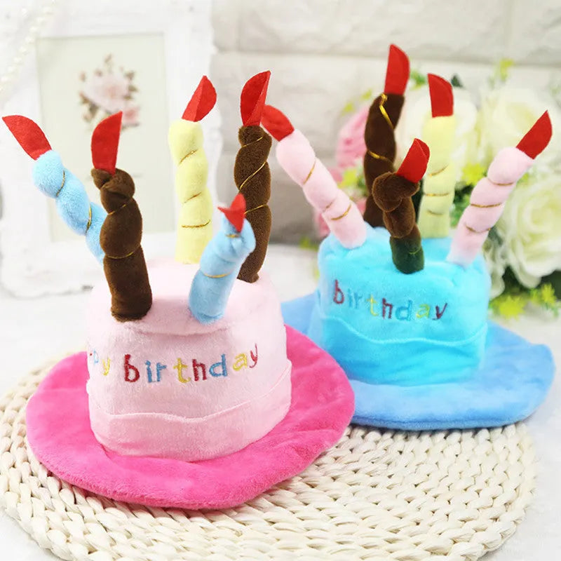 Blue and pink dog birthday hats for toy dog celebrations, showing 21cm wide decorative accessory