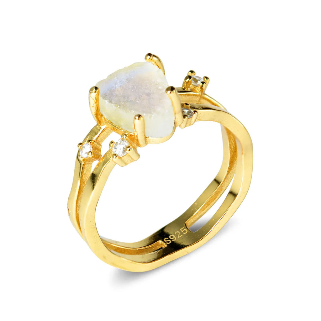 S925 sterling silver moonstone ring with geometric triangle shape on jewellery display