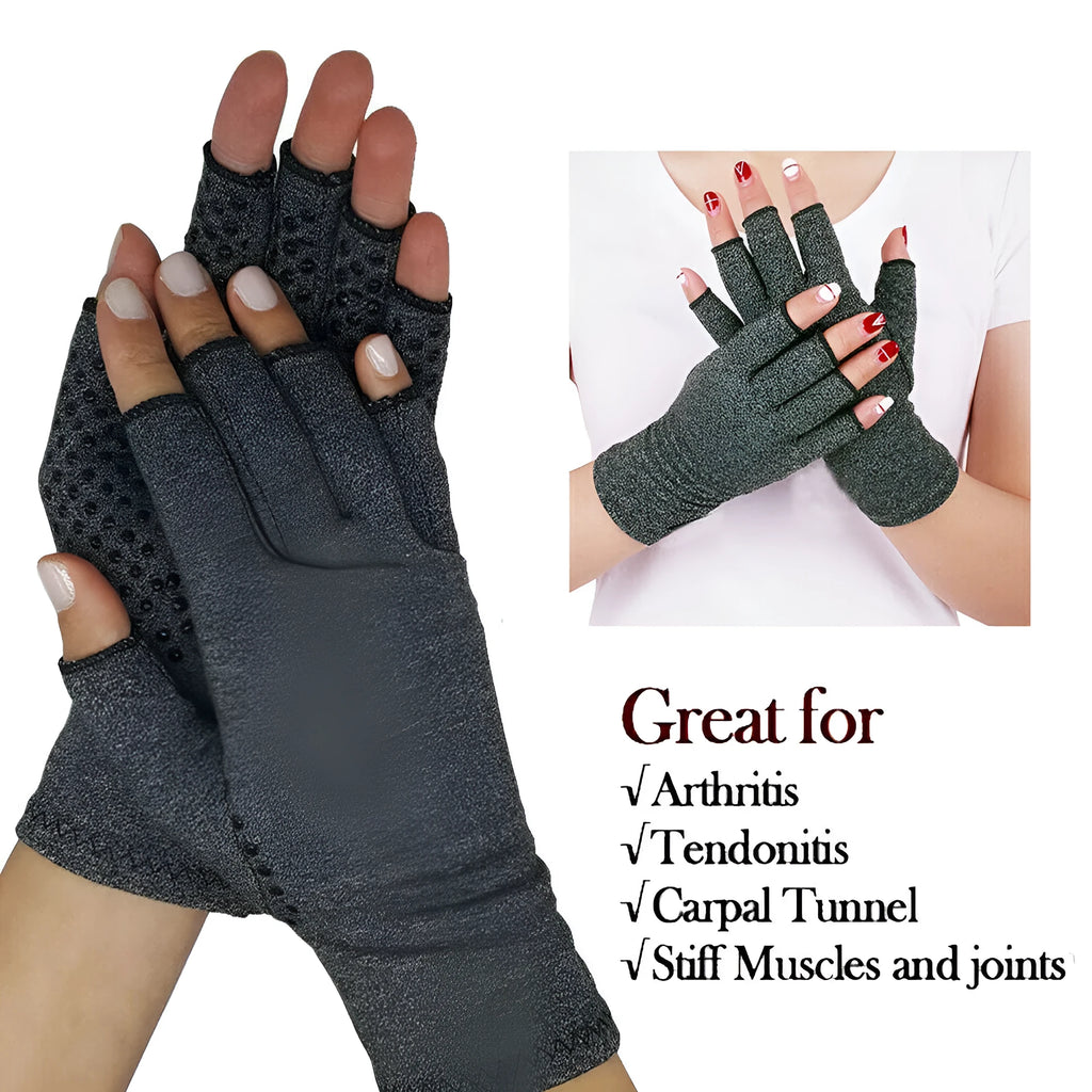 Grey half-finger joint compression gloves with anti-slip grip on a flat surface.
