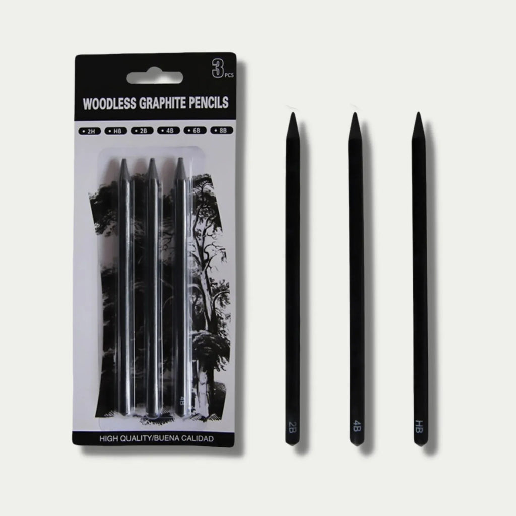 Set of six wood-free graphite full lead sketching pencils in grades HB, 2B, 4B, 6B, 8B, and EE.