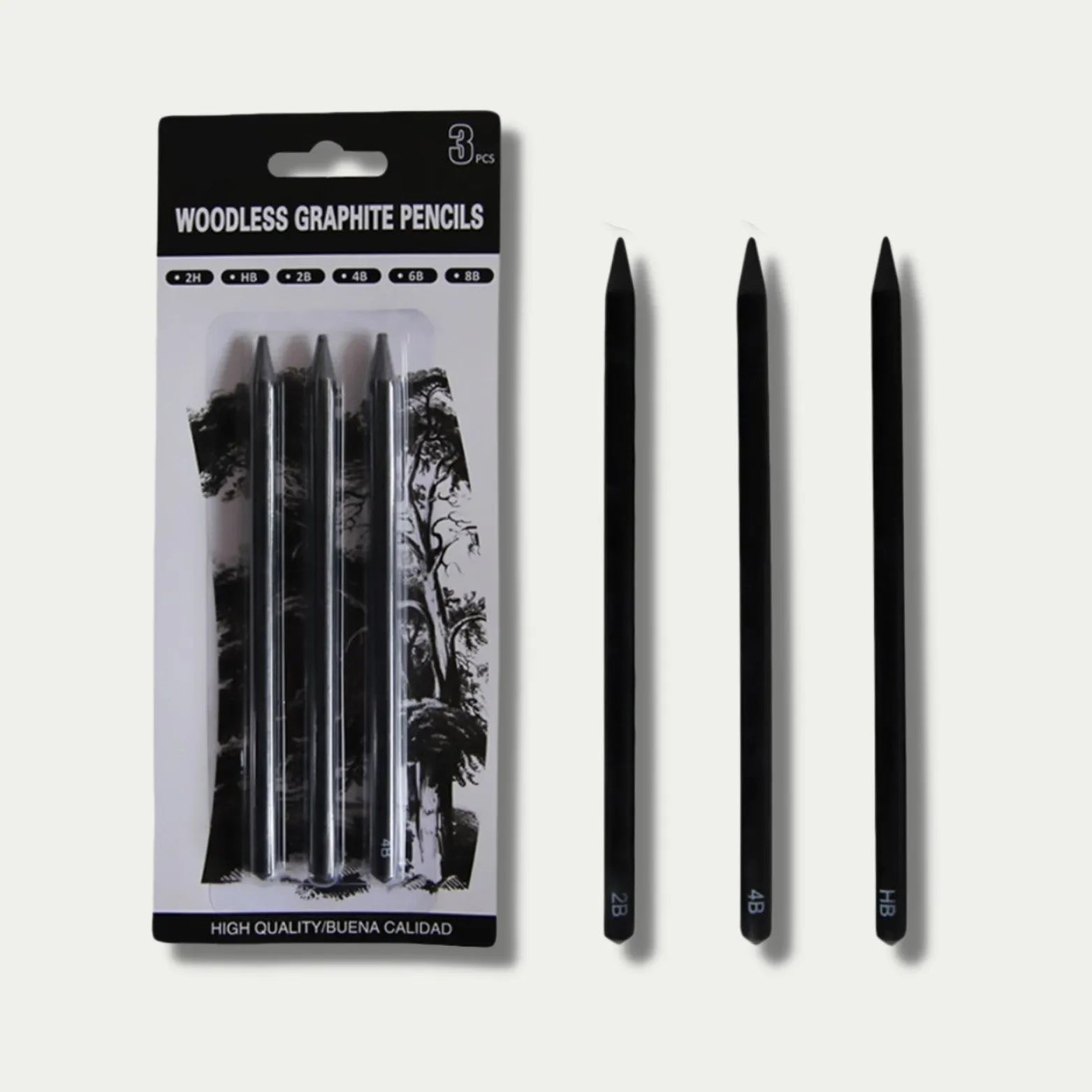 Set of six wood-free graphite full lead sketching pencils in grades HB, 2B, 4B, 6B, 8B, and EE.