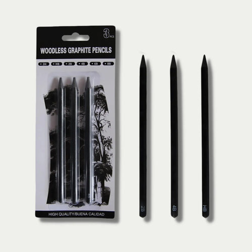 Set of six wood-free graphite full lead sketching pencils in grades HB, 2B, 4B, 6B, 8B, and EE.