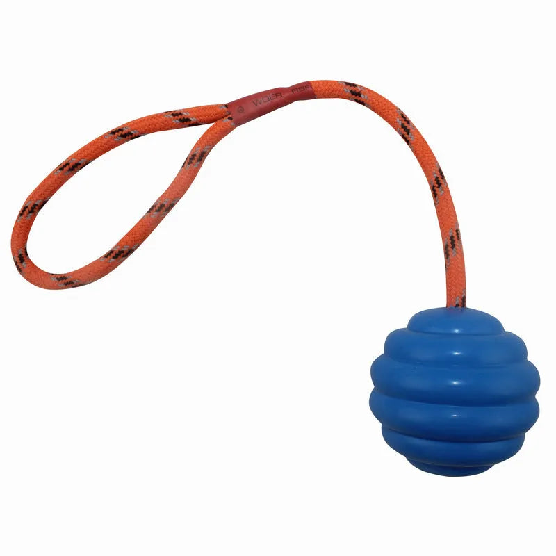 Multi-colour rubber dog toy ball with rope knot design measuring 6x30cm