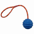 Multi-colour rubber dog toy ball with rope knot design measuring 6x30cm