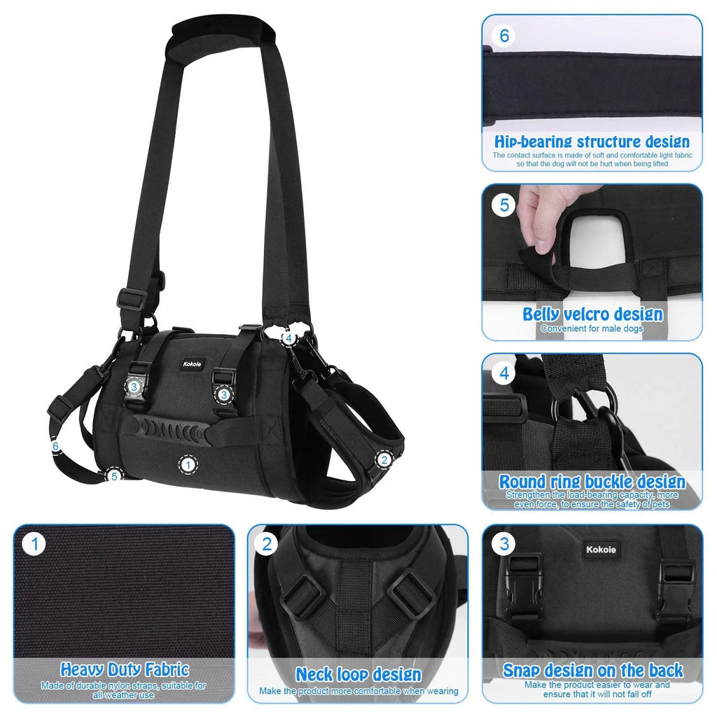 Black Oxford cloth dog harness with breast strap for leg support rehabilitation
