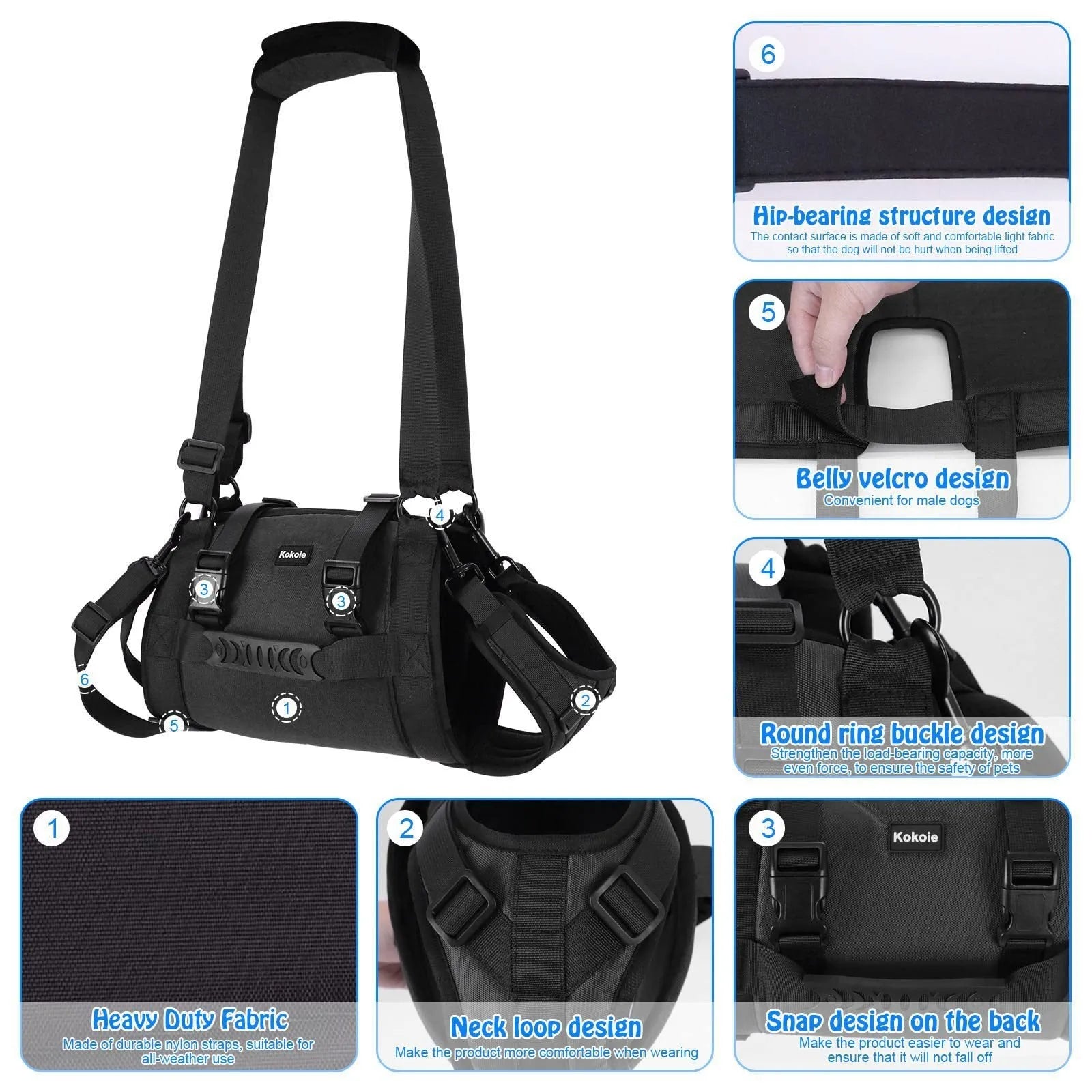Black Oxford cloth dog harness with breast strap for leg support rehabilitation