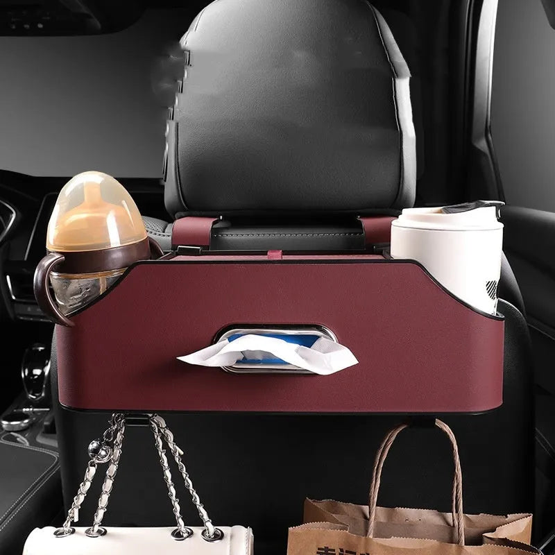 Genuine leather car tissue box organiser with integrated cup holder and buggy bag