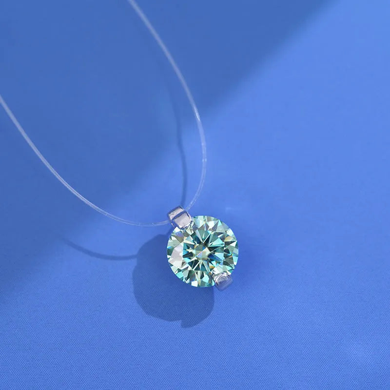 Women's sterling silver pendant necklace with moissanite stone on invisible fishing line chain