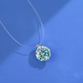 Women's sterling silver pendant necklace with moissanite stone on invisible fishing line chain