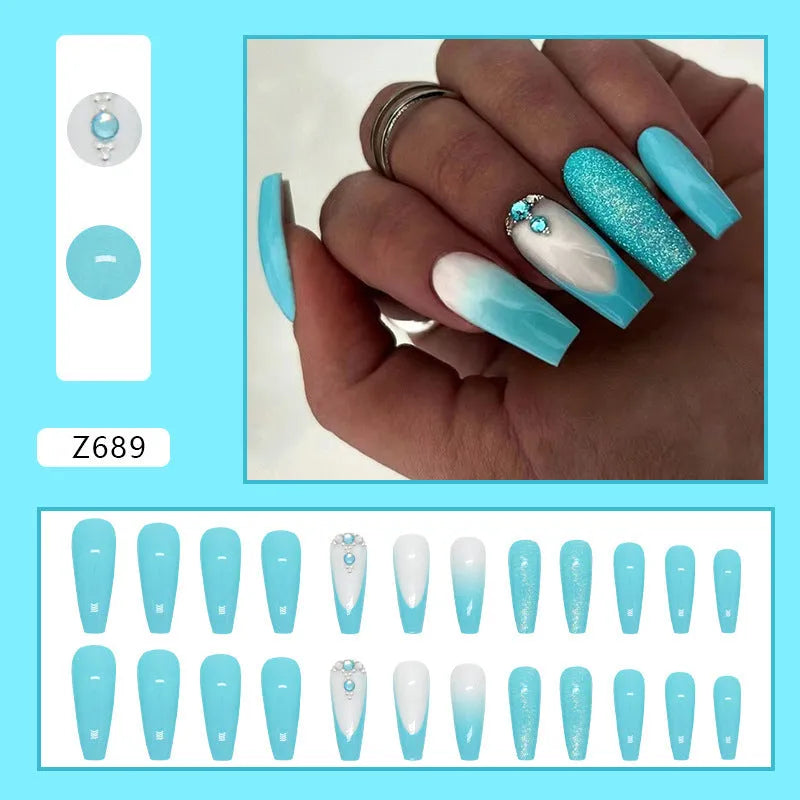Smart blue diamond false nails with ballet shape and adhesive glue