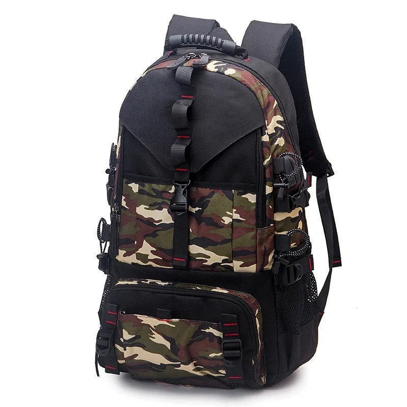 Men's waterproof Oxford cloth hiking backpack in camouflage colour with multiple compartments and air pillow belt system