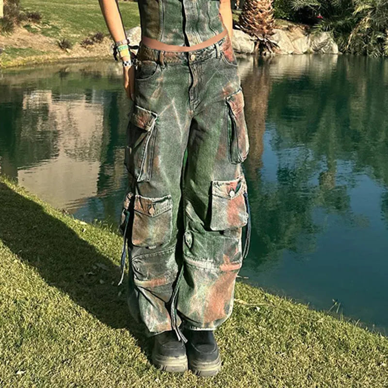 Retro colour loose cargo denim trousers with multiple gradient pockets in street hipster style