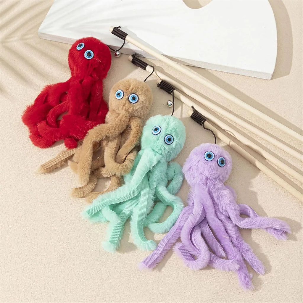Octopus wand cat toy with moving eyes and flexible wand for indoor kitten play