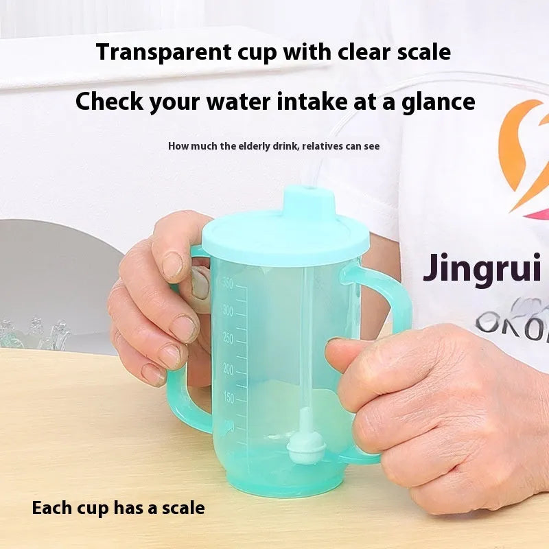 Adult anti-choke care cup with slanted spout, handle and lid in PP material