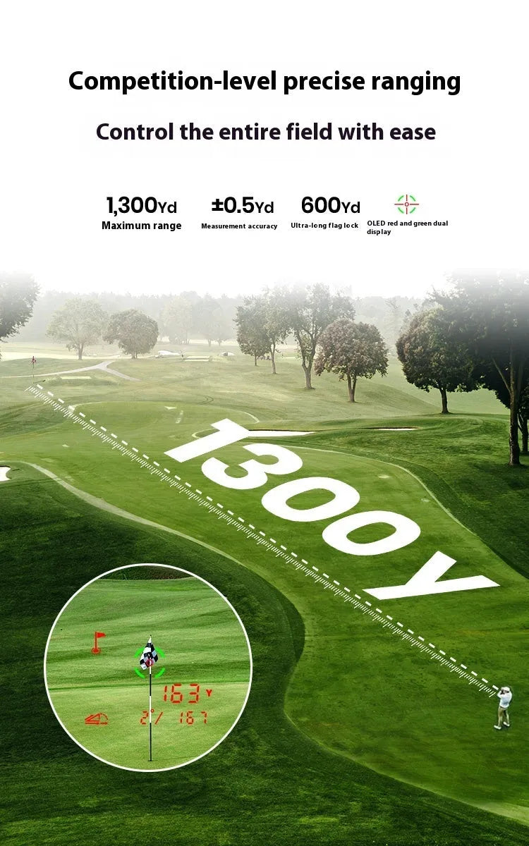 Black GenePro G1 golf GPS rangefinder with AMOLED display showing distance measurement