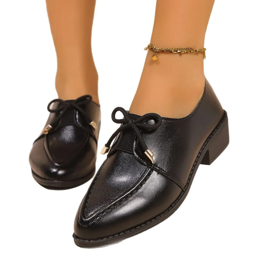 Women's simple leather-look shoes with a decorative bow on the front, showing choice of big bow or small bowknot designs.